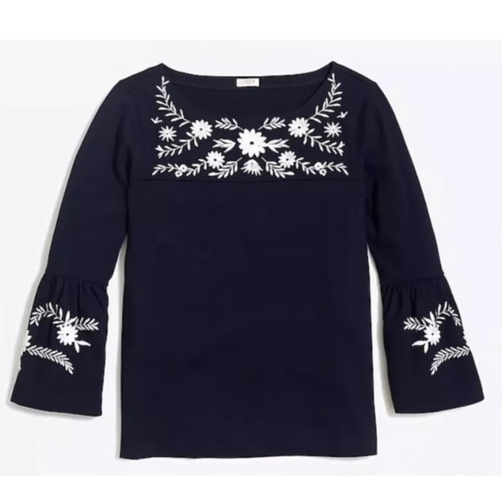 J. Crew Navy Long Sleeve Top with White Floral Embroidery